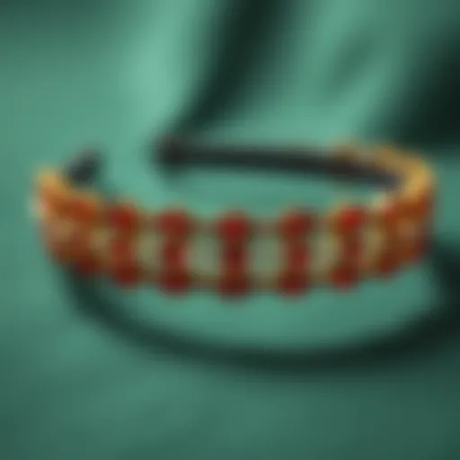 A close-up view of an intricately designed red rhinestone headband showcasing detailed craftsmanship