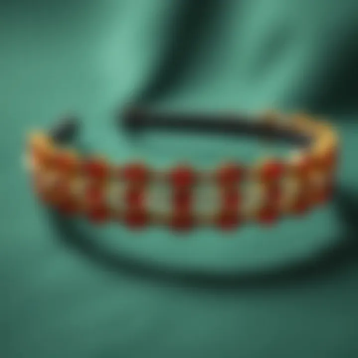 A close-up view of an intricately designed red rhinestone headband showcasing detailed craftsmanship