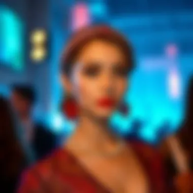 A fashionable individual wearing a red rhinestone headband at a glamorous event