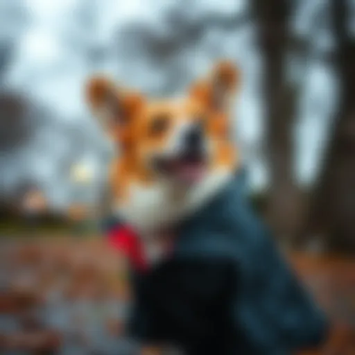 Corgi wearing a stylish raincoat in a park