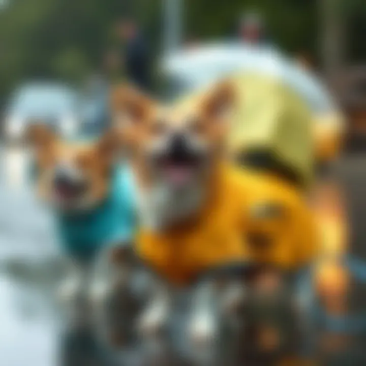 Corgis Enjoying Playtime in Raincoats Corgis playing in the rain while wearing raincoats