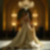 A stunning evening gown with a flowing train draped elegantly across a grand ballroom floor