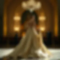 A stunning evening gown with a flowing train draped elegantly across a grand ballroom floor