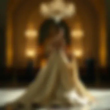 A stunning evening gown with a flowing train draped elegantly across a grand ballroom floor