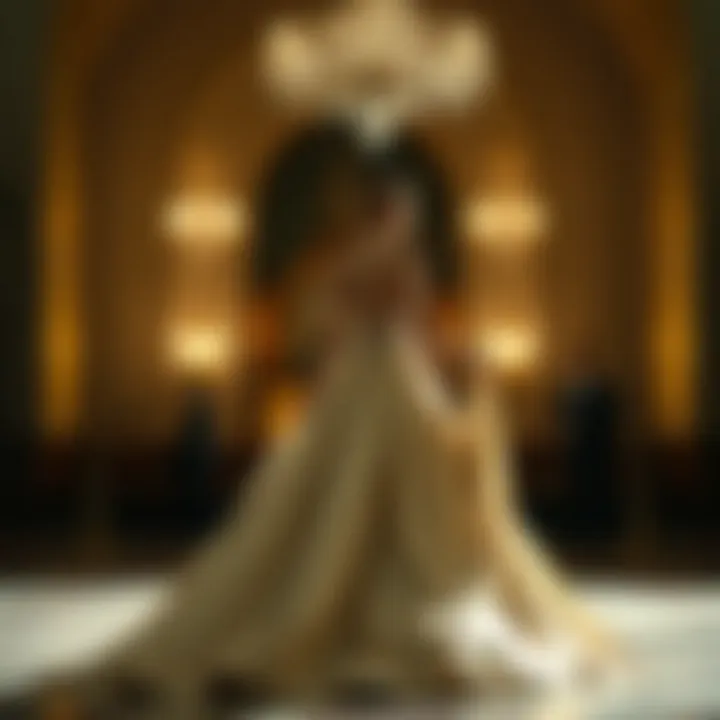 A stunning evening gown with a flowing train draped elegantly across a grand ballroom floor