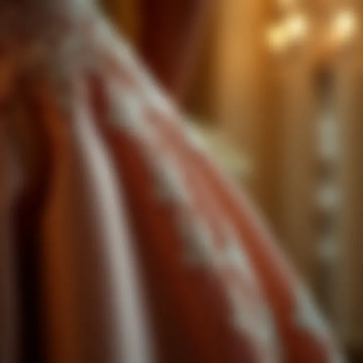 Close-up of intricate lace detailing on an evening gown with a train, highlighting its craftsmanship