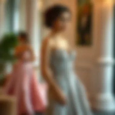 An elegant evening gown with a train styled for a formal gala, emphasizing occasion suitability