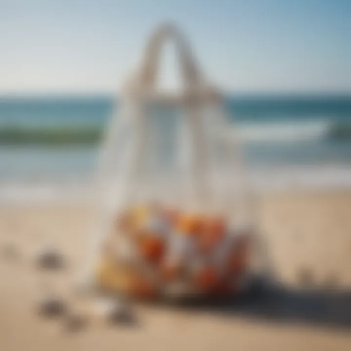 An array of eco-friendly mesh bags displayed on a beach setting