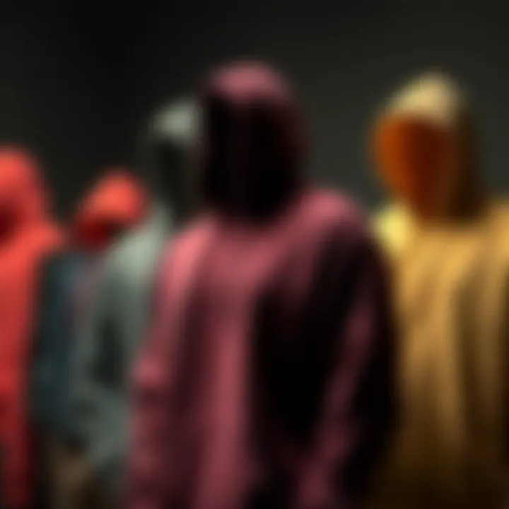 A variety of drawstring hoodies in different colors and styles