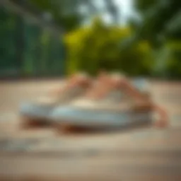 A stylish pair of khaki tennis shoes on a wooden surface
