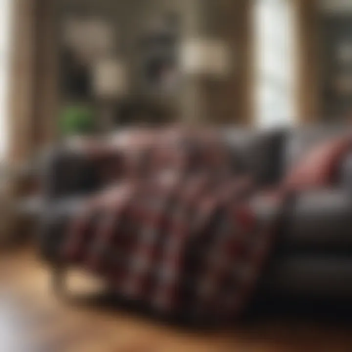 A beautifully styled living room featuring a plaid flannel blanket as a centerpiece