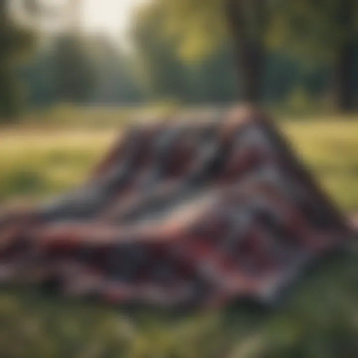 A serene outdoor setting with a plaid flannel blanket laid on grass, surrounded by nature