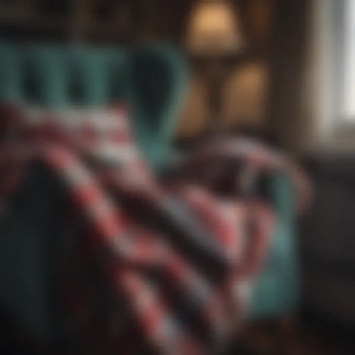 A close-up of a textured plaid flannel blanket draped over a cozy armchair