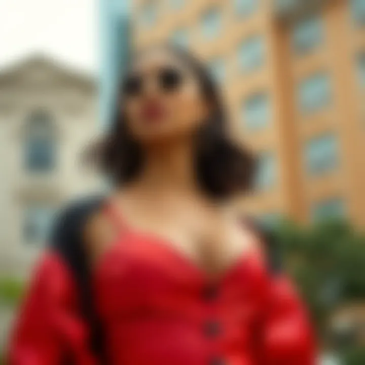 Urban Elegance in Rosewave Fashion A model wearing a striking Rosewave outfit in an urban setting