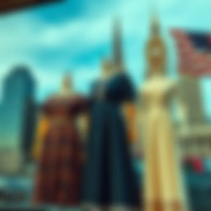 An artistic display of vintage dresses against a backdrop of iconic American landmarks.