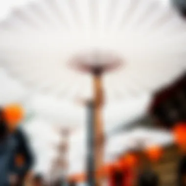 Traditional white paper parasols displayed at a cultural event