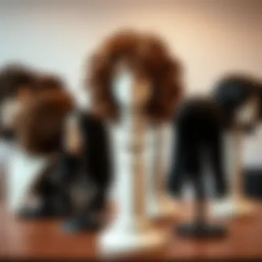 Different types of wig stands arranged elegantly