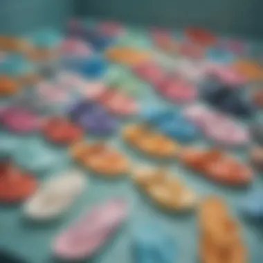 Various styles of shower flip flops displayed on a clean surface