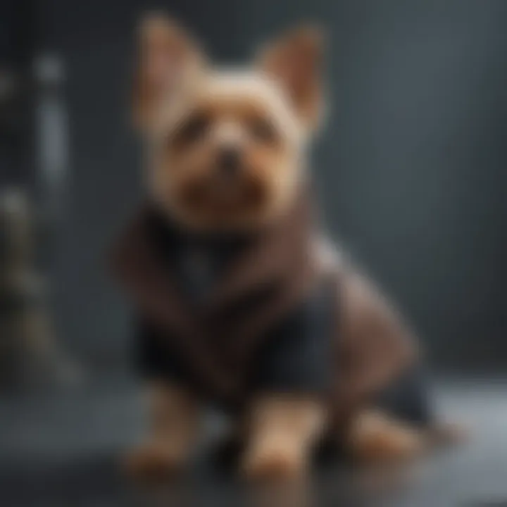 Stylish male Yorkie dressed in a fashionable coat