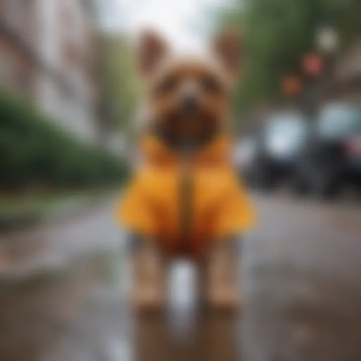 Yorkie wearing a raincoat during a walk